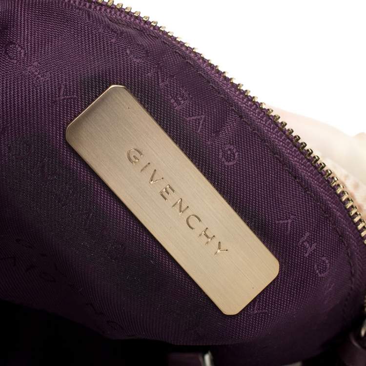 Pre Owned Givenchy Cream/Light Pink Logo Print Canvas Double Pocket Zip Baguette