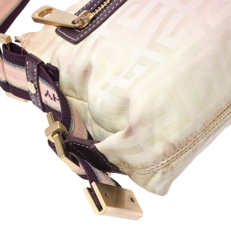 Pre Owned Givenchy Cream/Light Pink Logo Print Canvas Double Pocket Zip Baguette