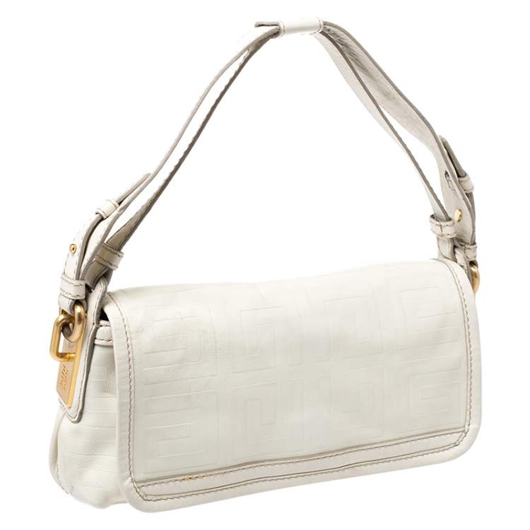 Pre Owned Givenchy Off White Logo Embossed Leather Flap Shoulder Bag