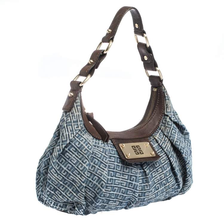 Pre Owned Givenchy Blue/Brown Monogram Denim and Leather Small Hobo