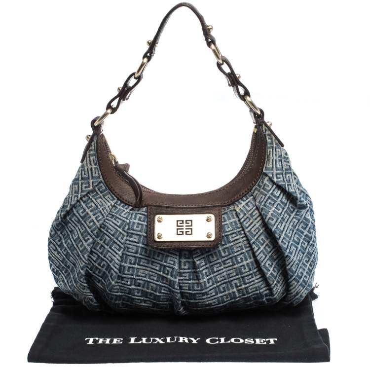 Pre Owned Givenchy Blue/Brown Monogram Denim and Leather Small Hobo