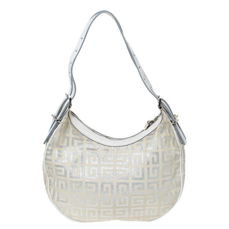مملوكة مسبقًا Givenchy White/Silver Monogram Canvas and Leather Tassel Zip Hobo