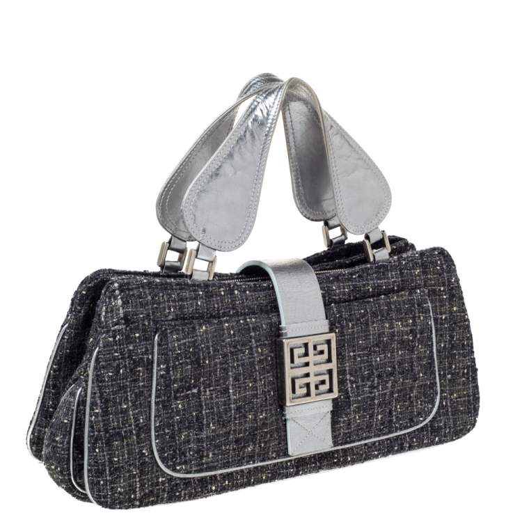 Pre Owned Givenchy Grey Tweed and Leather Logo Plague Flap Satchel