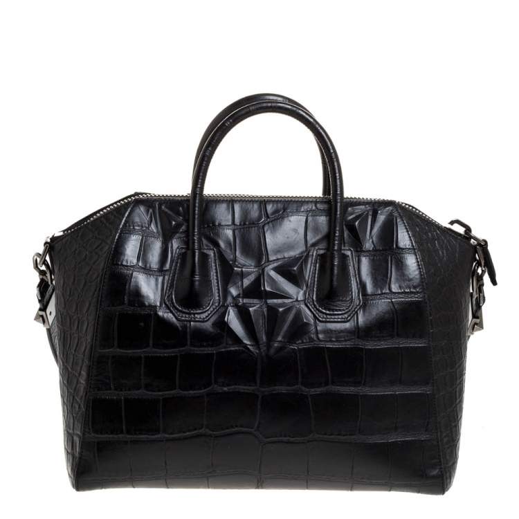 Pre Owned Givenchy Black Croc Embossed Leather Medium Antigona Satchel
