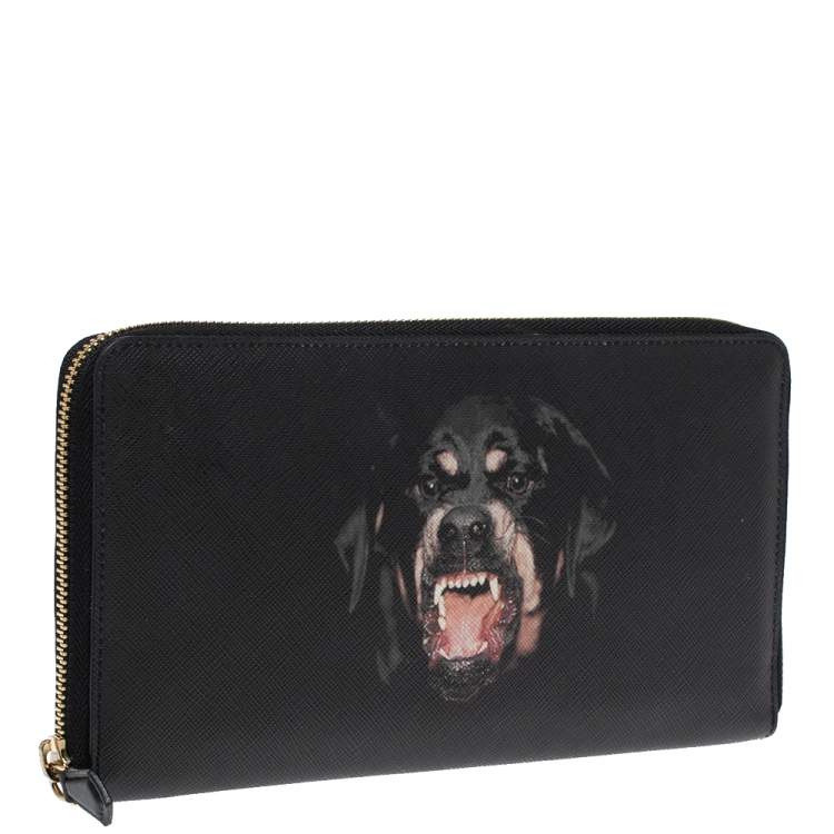 Pre Owned Givenchy Black Leather Rottweiler Zip Around Wallet