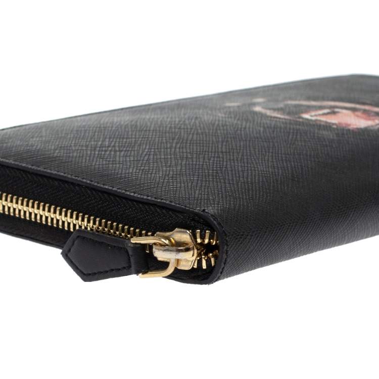 Pre Owned Givenchy Black Leather Rottweiler Zip Around Wallet