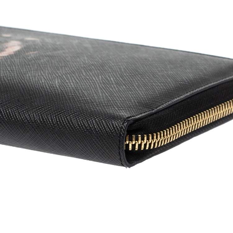 Pre Owned Givenchy Black Leather Rottweiler Zip Around Wallet