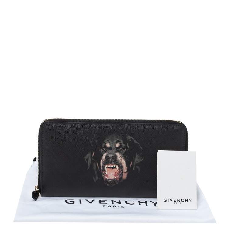 Pre Owned Givenchy Black Leather Rottweiler Zip Around Wallet