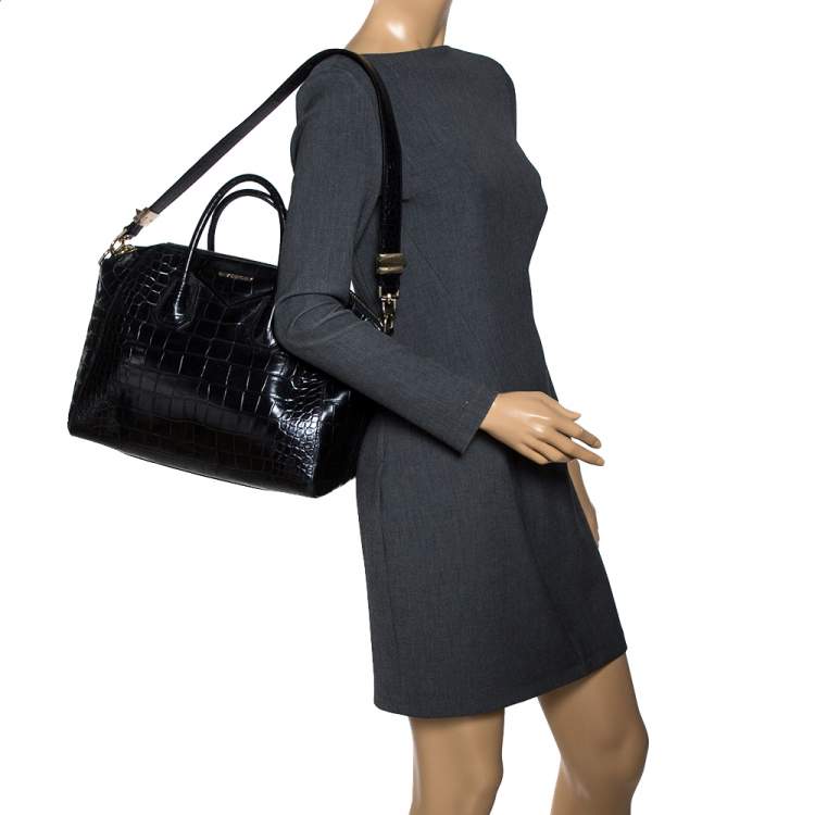 Pre Owned Givenchy Black Croc Embossed Leather Medium Antigona Satchel