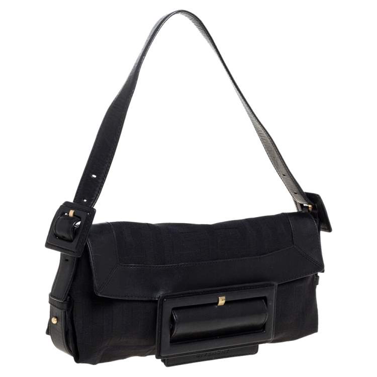 Pre Owned Givenchy Black Signature Canvas and Leather Buckle Flap Shoulder Bag