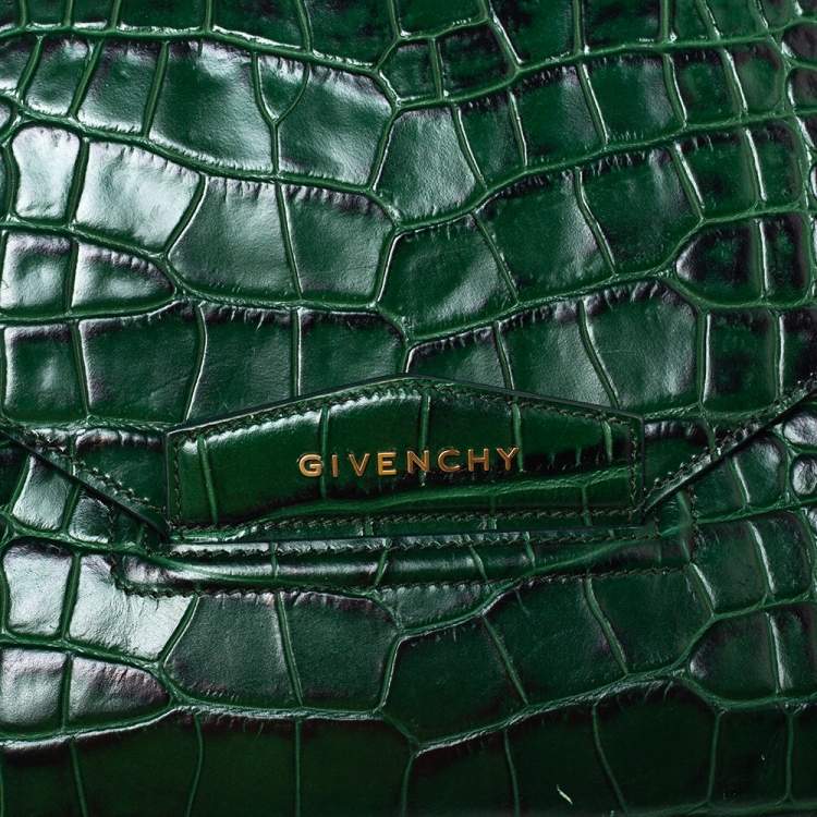 Pre Owned Givenchy Green Croc Embossed Leather Medium Antigona Envelope Clutch