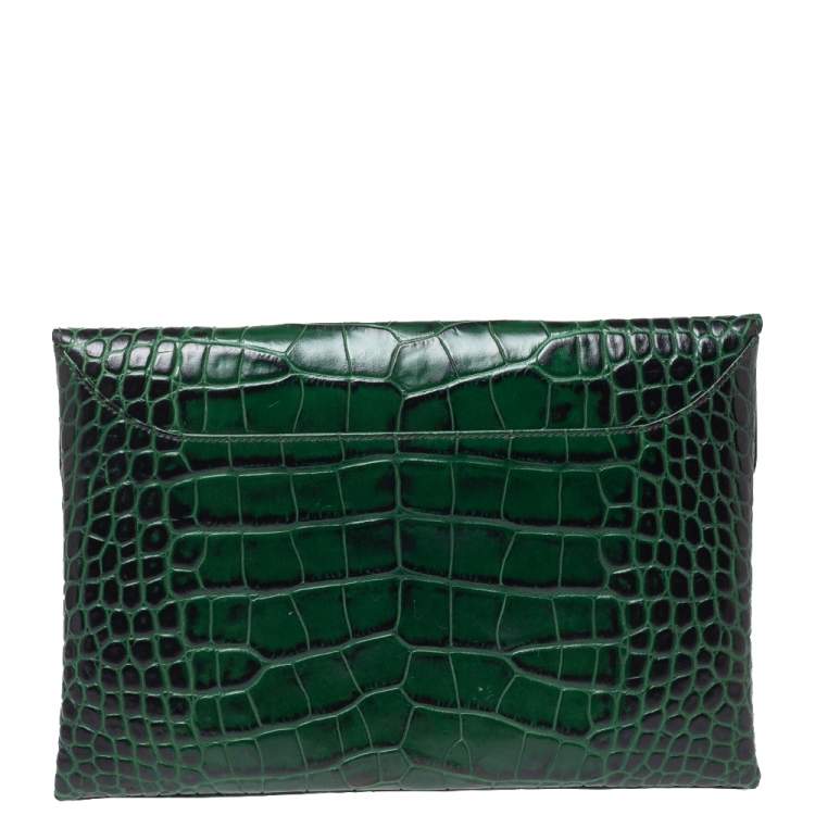 Pre Owned Givenchy Green Croc Embossed Leather Medium Antigona Envelope Clutch