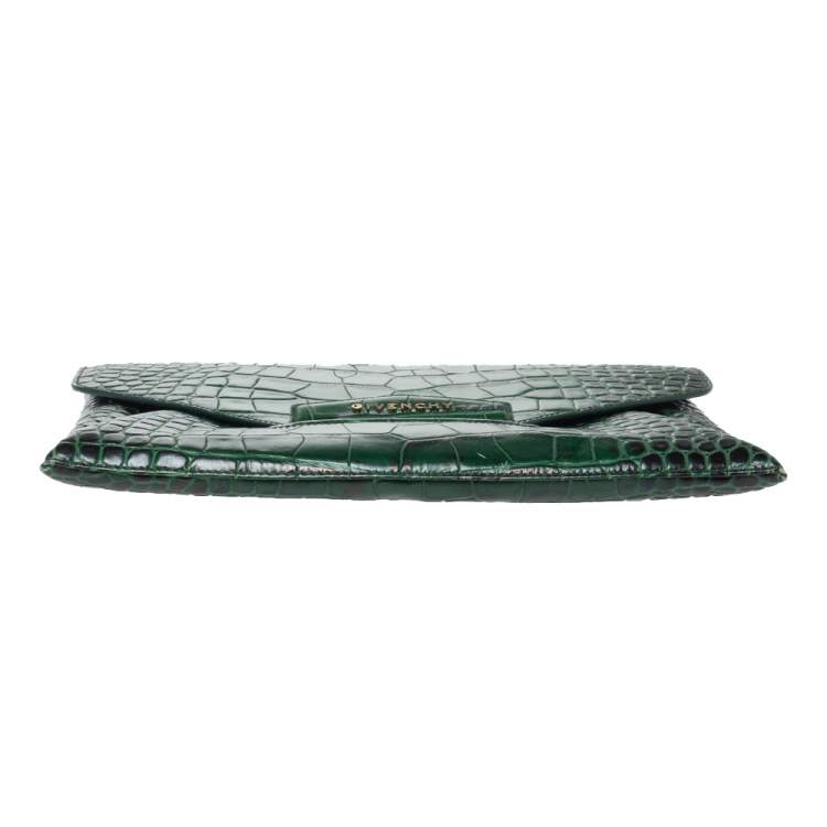 Pre Owned Givenchy Green Croc Embossed Leather Medium Antigona Envelope Clutch