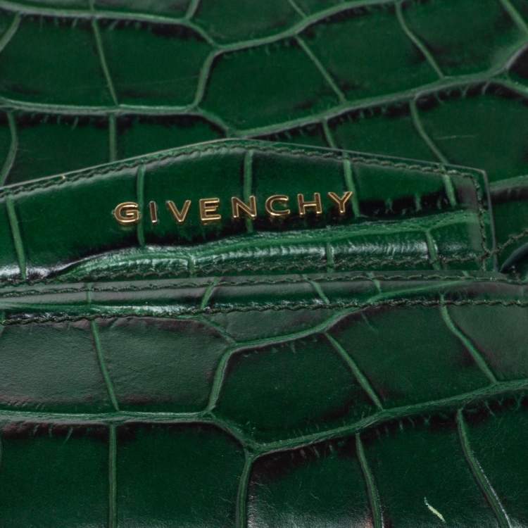 Pre Owned Givenchy Green Croc Embossed Leather Medium Antigona Envelope Clutch
