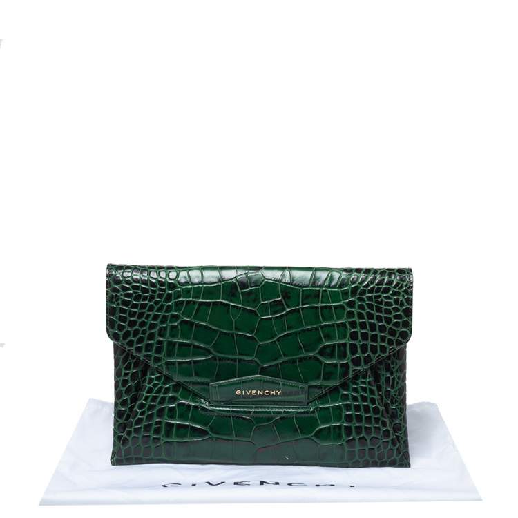 Pre Owned Givenchy Green Croc Embossed Leather Medium Antigona Envelope Clutch