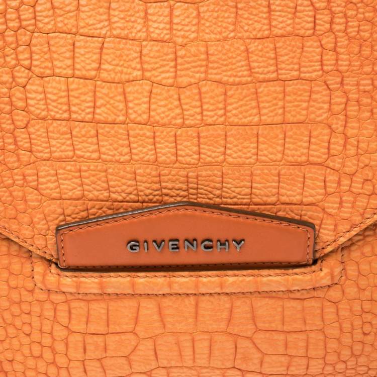 Pre Owned Givenchy Orange Croc Embossed Leather Antigona Envelope Clutch
