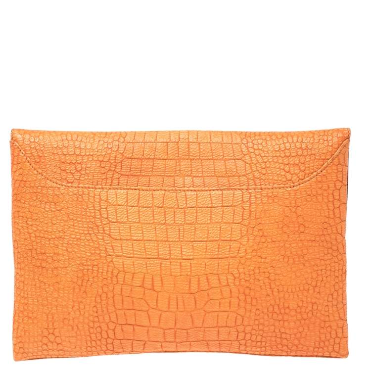 Pre Owned Givenchy Orange Croc Embossed Leather Antigona Envelope Clutch