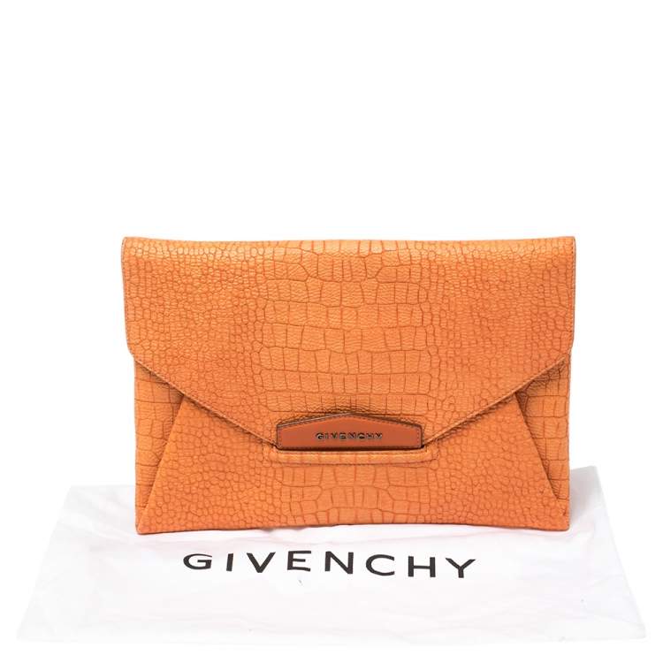 Pre Owned Givenchy Orange Croc Embossed Leather Antigona Envelope Clutch
