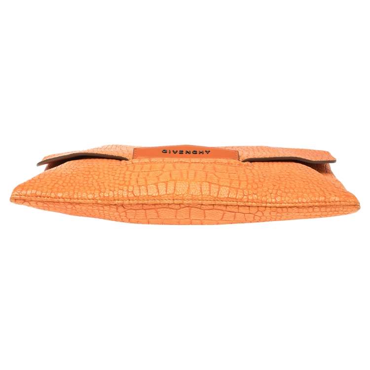 Pre Owned Givenchy Orange Croc Embossed Leather Antigona Envelope Clutch