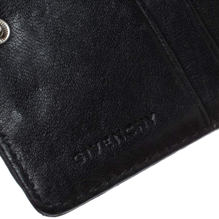 Pre Owned Givenchy Silver/Black Canvas and Leather Trim Embossed Logo Trifold Wallet