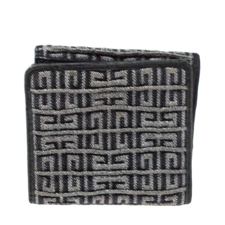 Pre Owned Givenchy Silver/Black Canvas and Leather Trim Embossed Logo Trifold Wallet