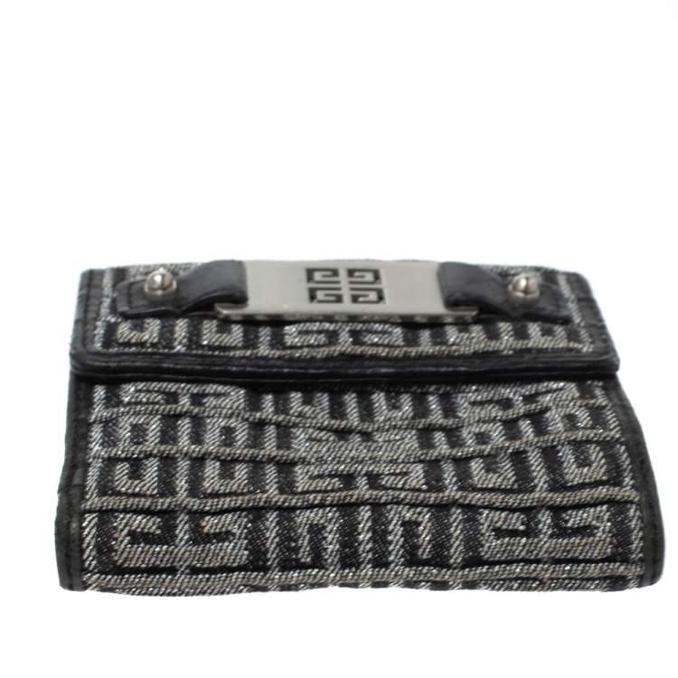Pre Owned Givenchy Silver/Black Canvas and Leather Trim Embossed Logo Trifold Wallet