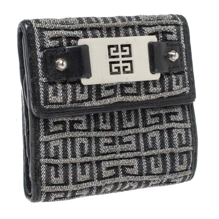 Pre Owned Givenchy Silver/Black Canvas and Leather Trim Embossed Logo Trifold Wallet