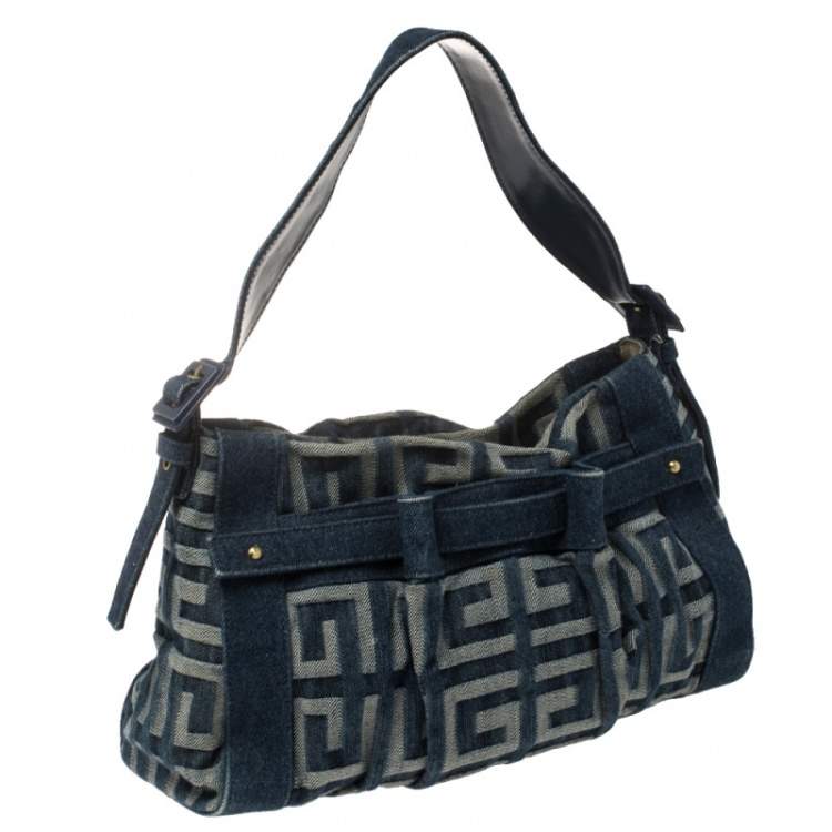 Pre Owned Givenchy Blue Monogram Denim Pleated Zip Shoulder Bag