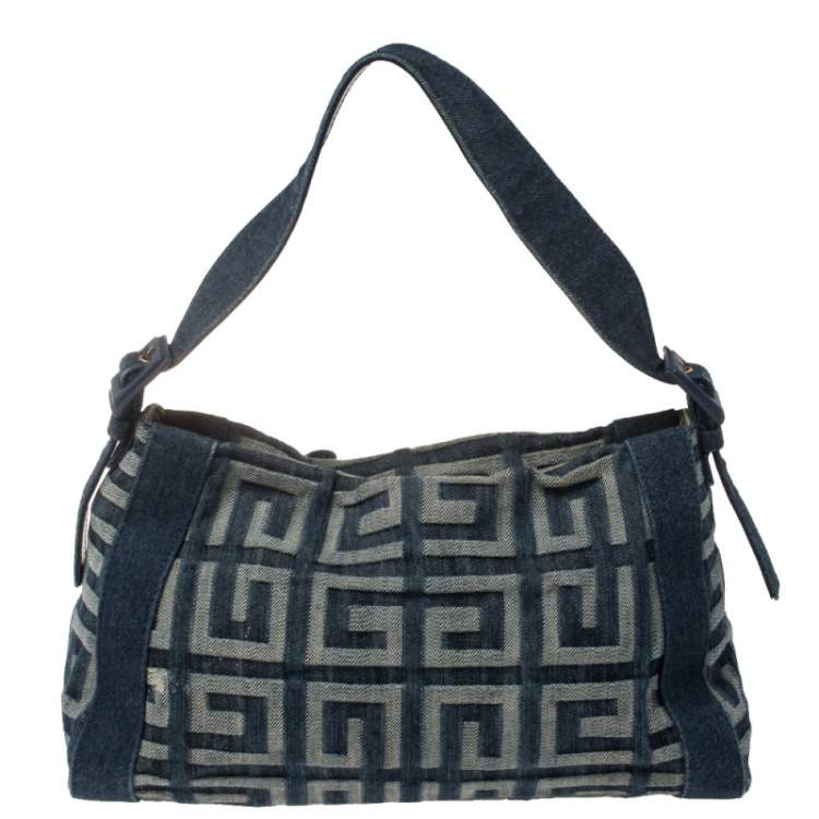 Pre Owned Givenchy Blue Monogram Denim Pleated Zip Shoulder Bag