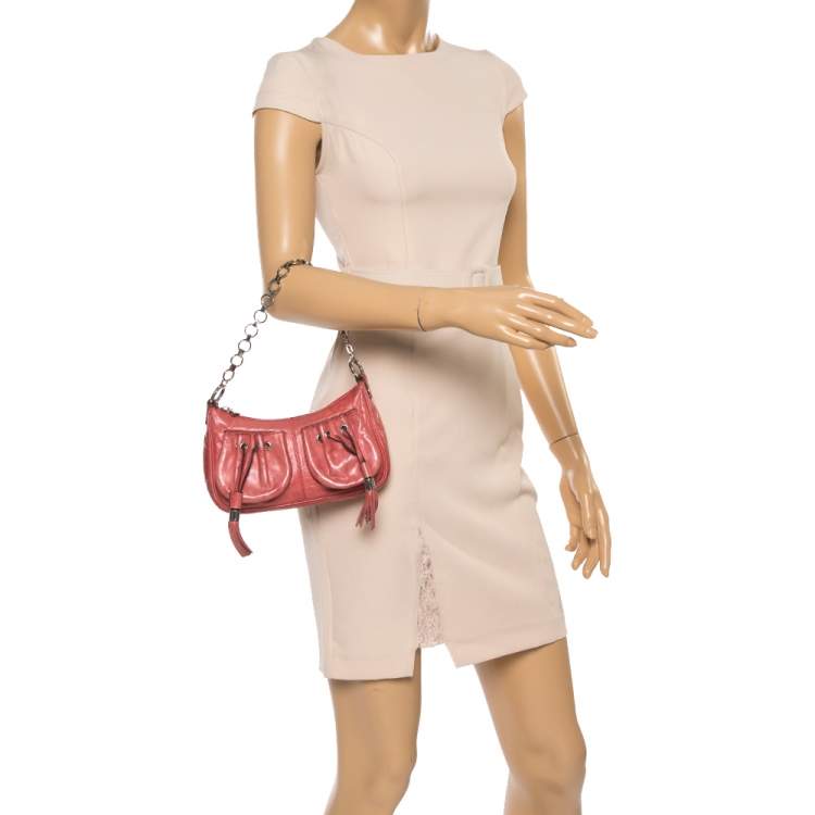Pre Owned Givenchy Coral Orange Leather Chain Baguette Bag