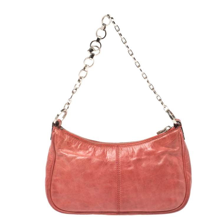 Pre Owned Givenchy Coral Orange Leather Chain Baguette Bag