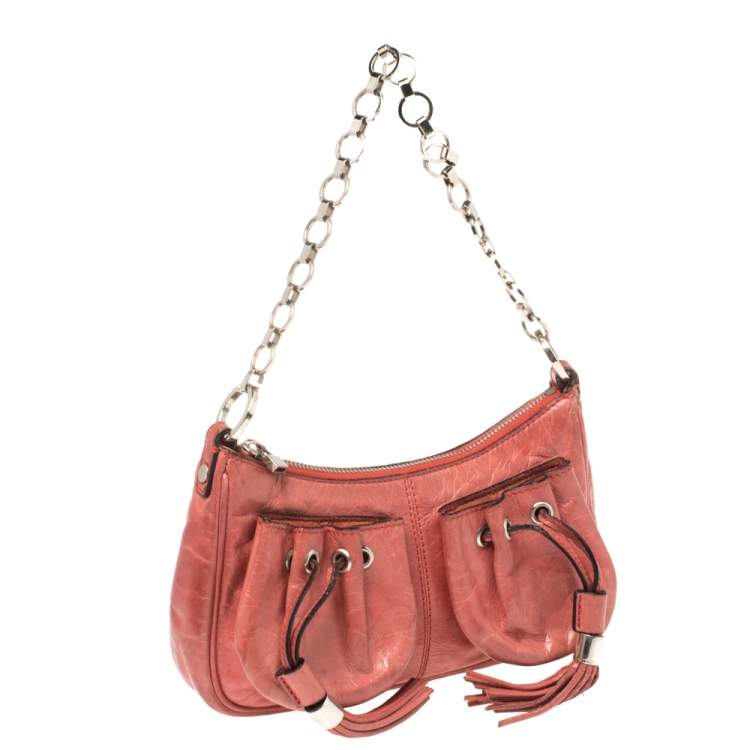 Pre Owned Givenchy Coral Orange Leather Chain Baguette Bag