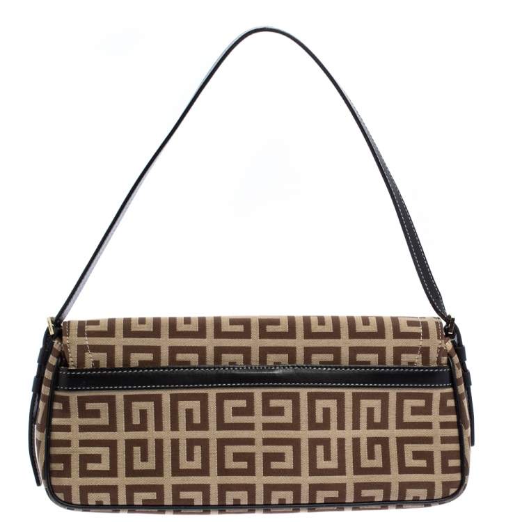 Pre Owned Givenchy Brown Signature Canvas and Leather Flap Baguette Shoulder Bag