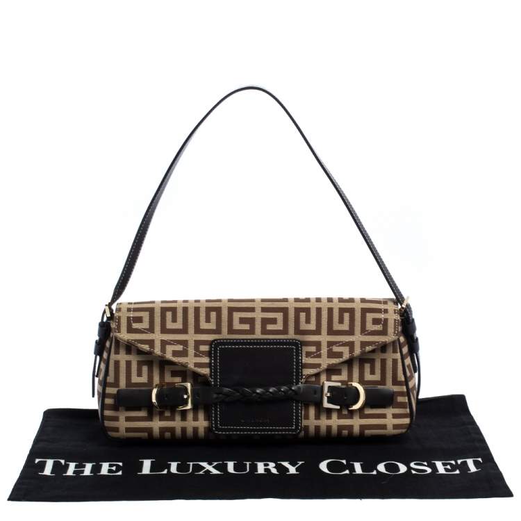 Pre Owned Givenchy Brown Signature Canvas and Leather Flap Baguette Shoulder Bag