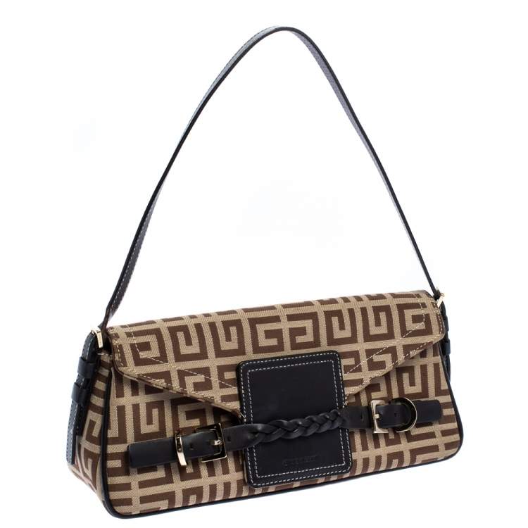 Pre Owned Givenchy Brown Signature Canvas and Leather Flap Baguette Shoulder Bag
