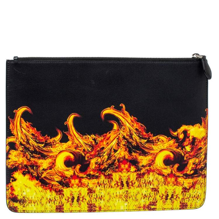 Pre Owned Givenchy Black Fire Printed Leather Clutch