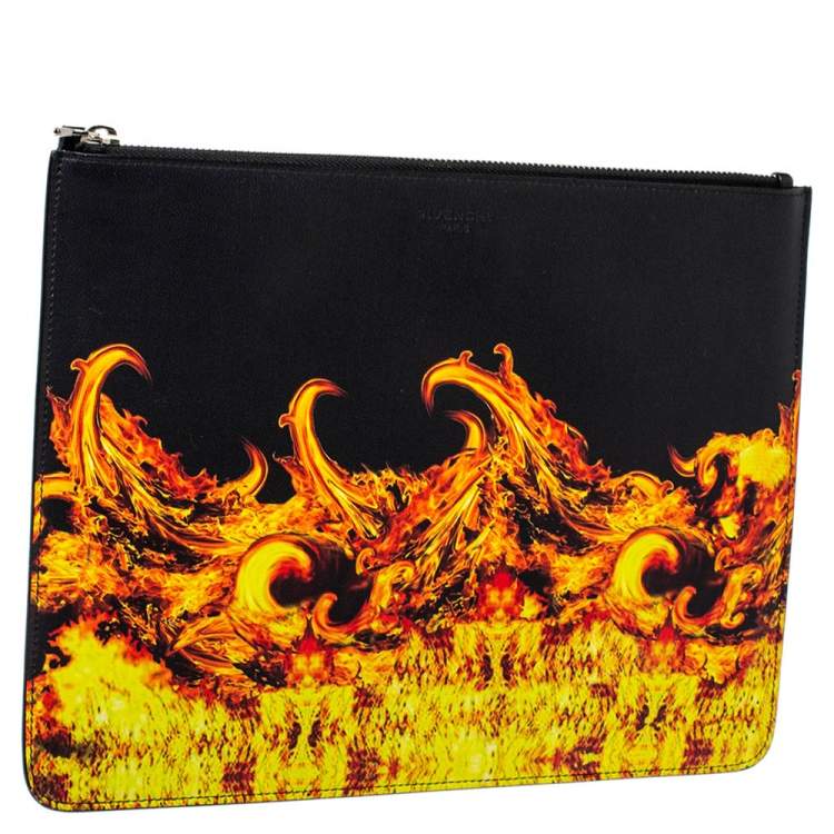 Pre Owned Givenchy Black Fire Printed Leather Clutch