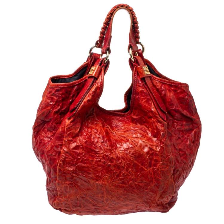 Pre Owned Givenchy Red Distressed Leather Sacca Hobo