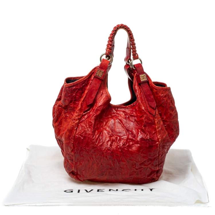 Pre Owned Givenchy Red Distressed Leather Sacca Hobo
