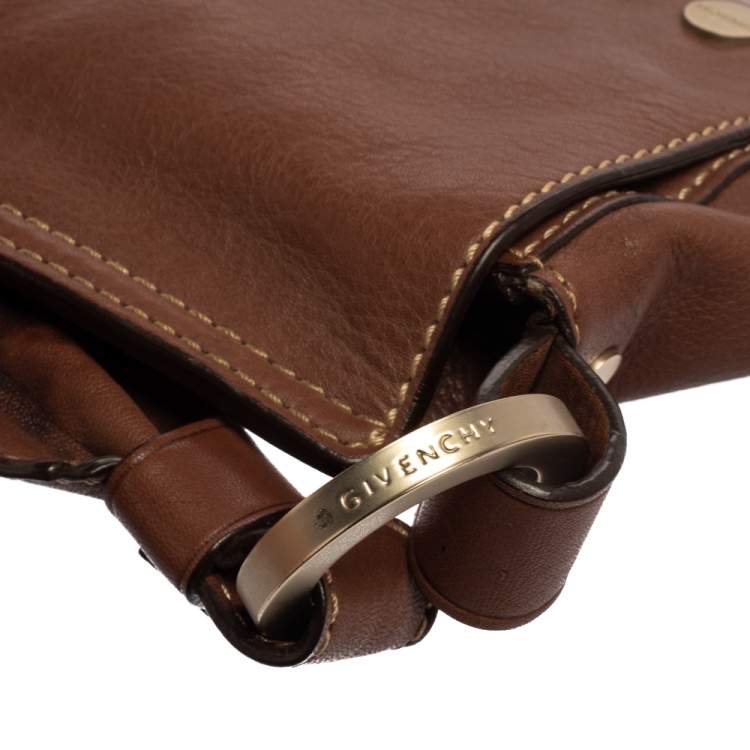 Pre Owned Givenchy Brown Leather Logo Embossed Flap Hobo