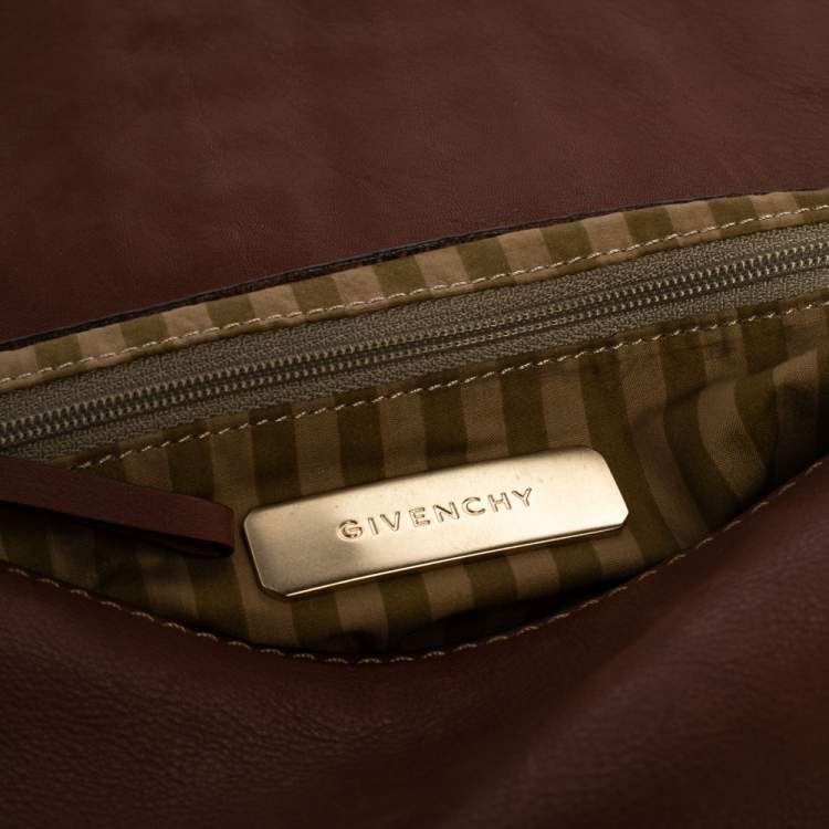 Pre Owned Givenchy Brown Leather Logo Embossed Flap Hobo