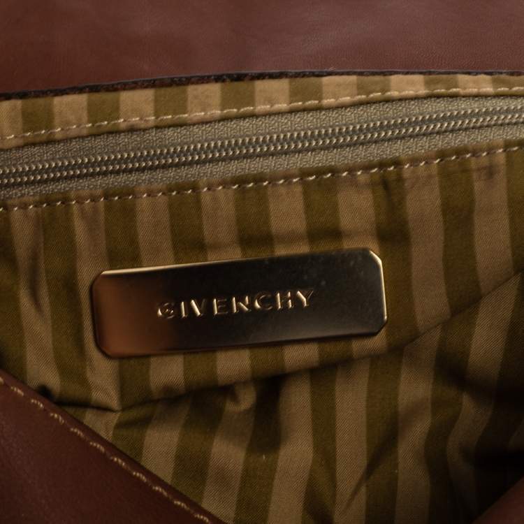 Pre Owned Givenchy Brown Leather Logo Embossed Flap Hobo