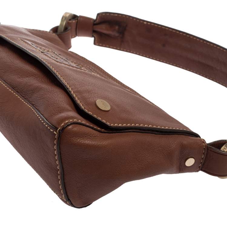 Pre Owned Givenchy Brown Leather Logo Embossed Flap Hobo