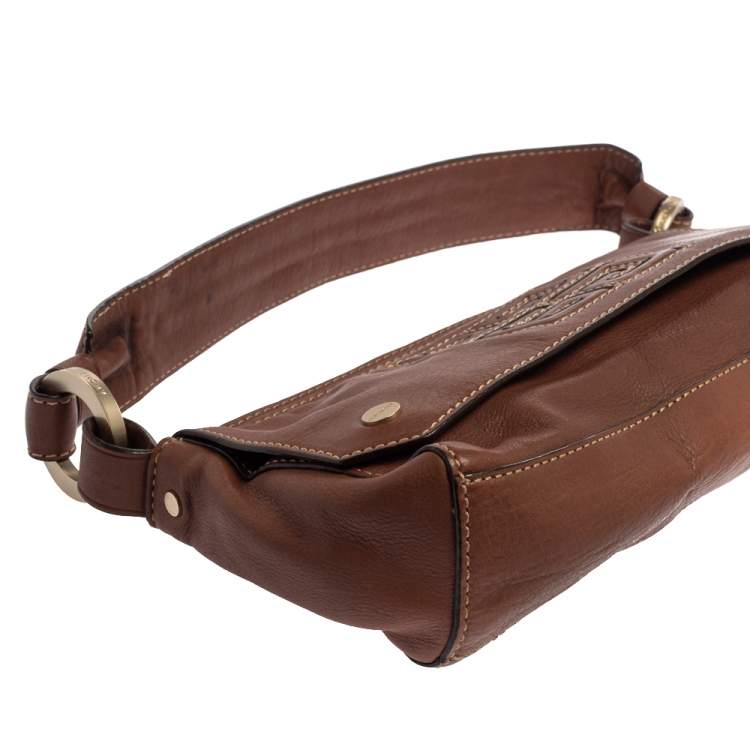Pre Owned Givenchy Brown Leather Logo Embossed Flap Hobo