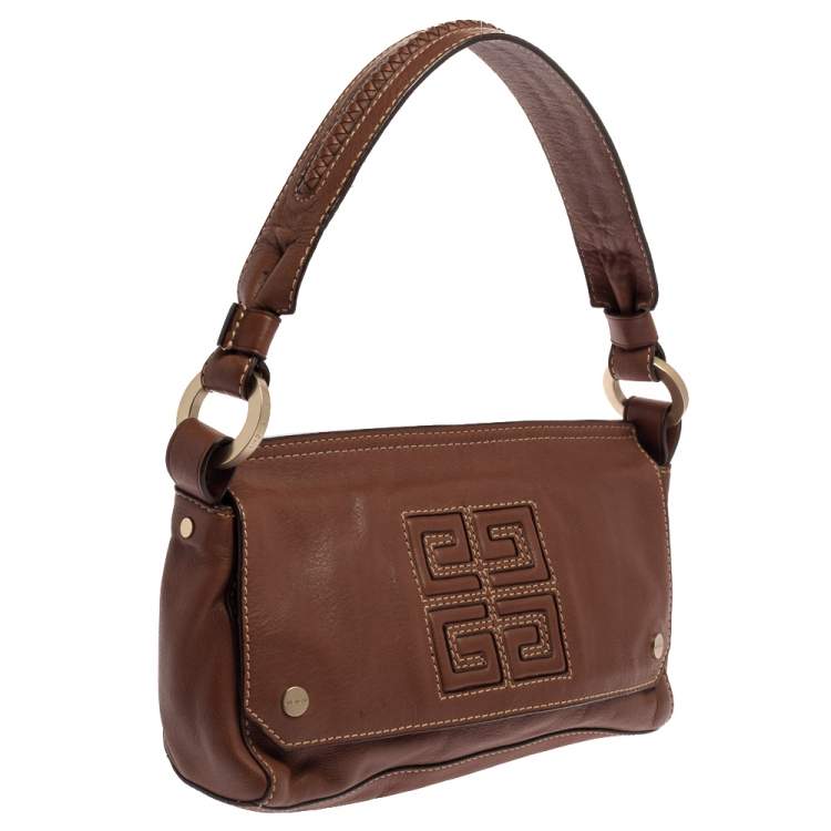 Pre Owned Givenchy Brown Leather Logo Embossed Flap Hobo