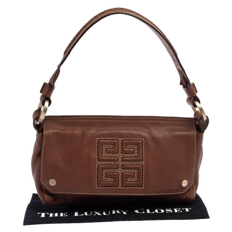 Pre Owned Givenchy Brown Leather Logo Embossed Flap Hobo