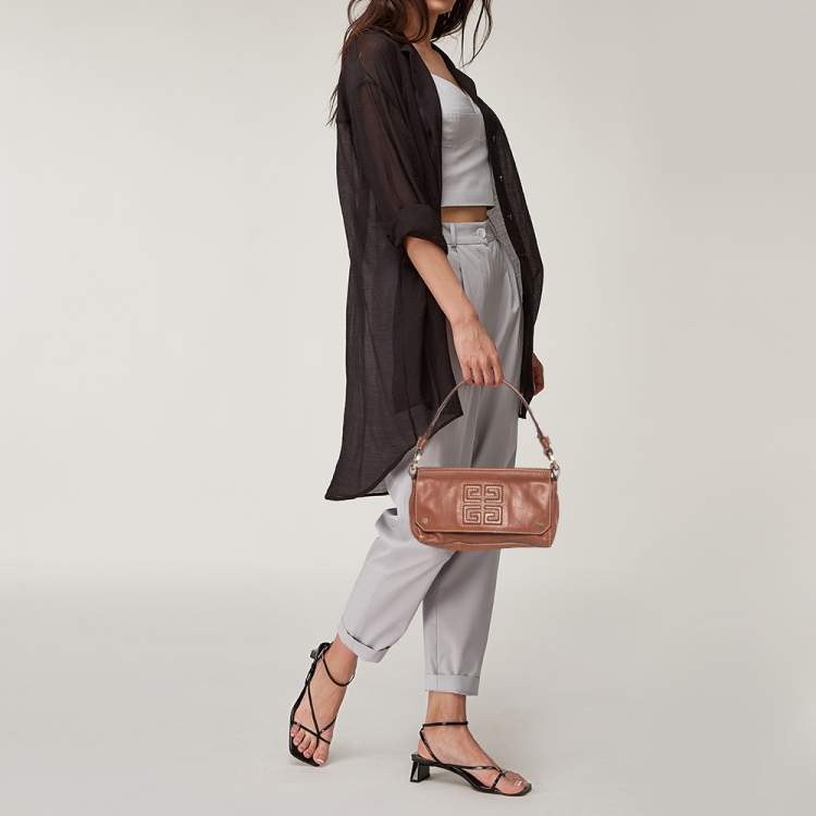 Pre Owned Givenchy Brown Leather Logo Embossed Flap Hobo