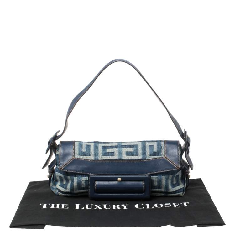 Pre Owned Givenchy Blue Monogram Denim and Leather Buckle Flap Hobo