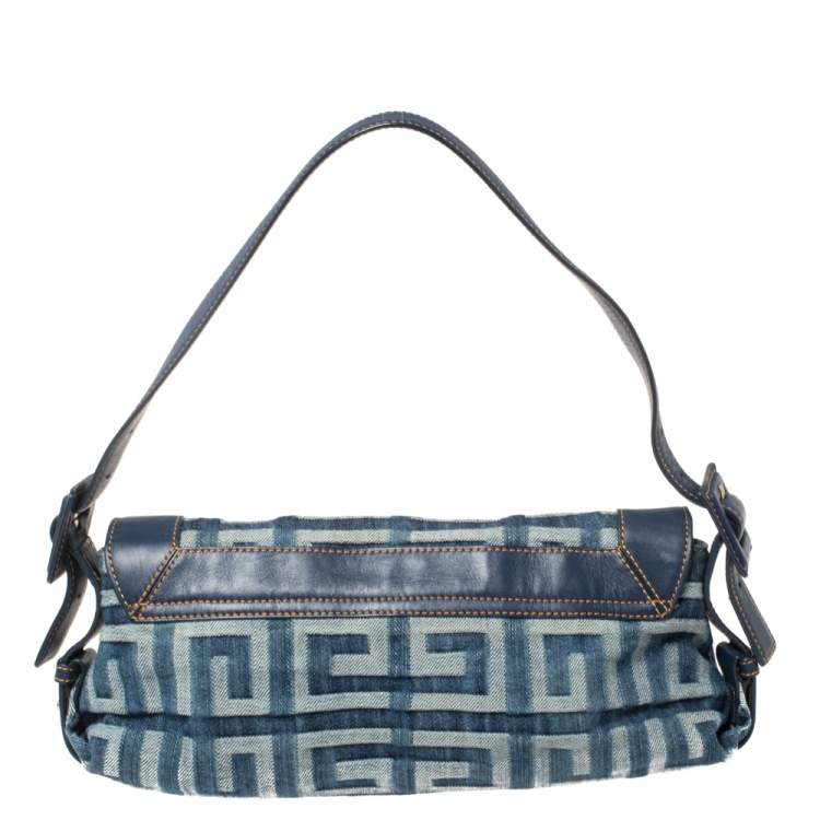 Pre Owned Givenchy Blue Monogram Denim and Leather Buckle Flap Hobo