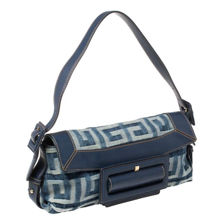 Pre Owned Givenchy Blue Monogram Denim and Leather Buckle Flap Hobo